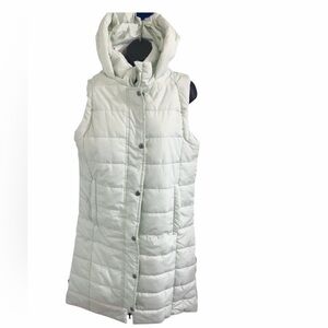 Insulated faux down sleeveless puffy quilted long line hooded coat vest size M
